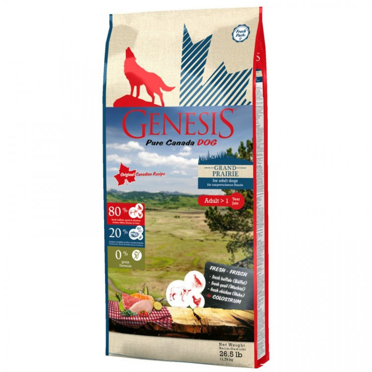 Genesis Pure Canada Grand Prairie Adult для взрослых собак всех пород с чувствительным пищеварением с курицей, буйволом и перепелками - 11.79 кг