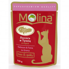 Влажный корм Molina для взрослых кошек с лососем и тунцом в соусе в паучах - 100 г