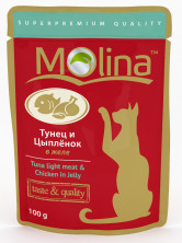 Влажный корм Molina для взрослых кошек с тунцом и цыпленком в желе в паучах - 100 г